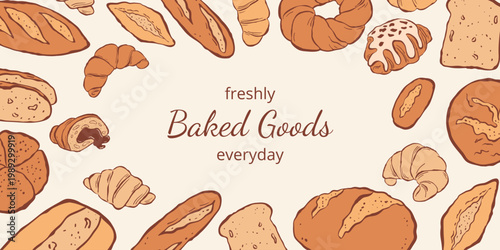 Horizontal digital banner for bakeshop with hand drawn different bakery products and typography Freshly baked goods everyday on white. Flat vector illustration. For background, poster, ads, web, label