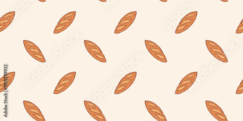Horizontal seamless pattern with hand drawn baguette on white backdrop. Flat vector illustration in sketch style. Layout for background, wallpaper, packaging, wrapper, textile, cover, scrapbook