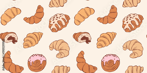 Horizontal seamless pattern with multicolored different croissants on white backdrop. Flat vector illustration in sketch style. Design for background, wallpaper, packaging, wrapper, textile, cover