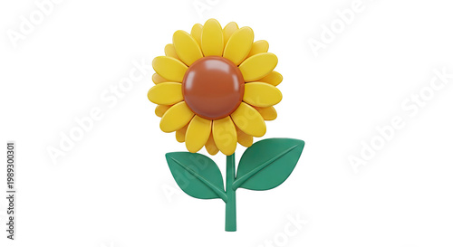 3D Cartoon Sunflower with Yellow Petals and Green Leaves