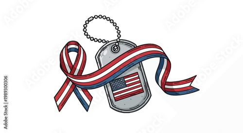 American patriotic ribbon and dog tag with US flag illustration symbolizing remembrance and honor for veterans