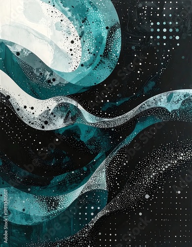 Abstract Teal And Black Fluid Wave Painting With Stippled Texture And Organic Flowing Curves On A Dark Cosmic Background Illustration