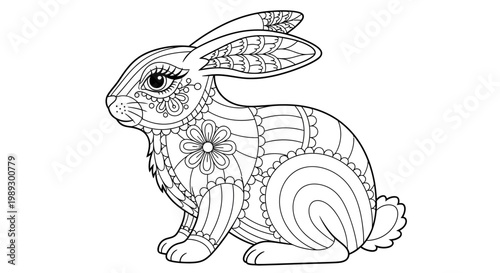 Mandala rabbit, decorative bunny, line art, coloring book page, black and white