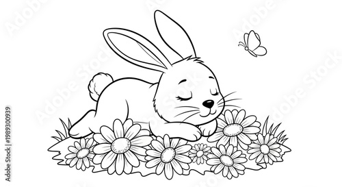 Cute rabbit, sleeping bunny, floral illustration, line art
