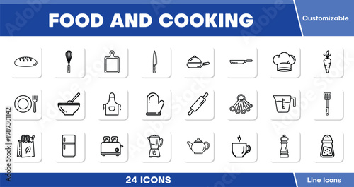 Food and Cooking Line Icons, 24 customizable vector icons for culinary themes. Kitchen utensils, chef's hat, and food preparation tools for web and app design.