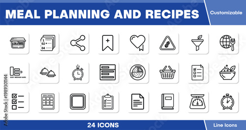 Meal Planning and Recipes, 24 customizable line icons, food preparation and cooking vector set, healthy eating and grocery shopping graphic resources