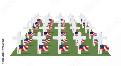 A solemn field of white crosses adorned with American flags, a poignant tribute symbolizing sacrifice and remembrance for fallen heroes and veterans in a patriotic memorial