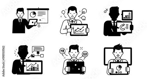 Geometric diverse businessmen with tablets modern vector illustration set isolated on white background