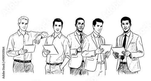 Cute diverse businessmen with tablet computers friendly vector illustration set isolated on white background