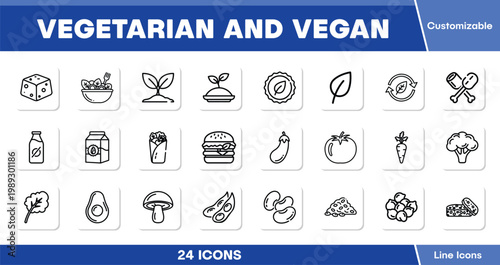 Vegetarian and Vegan Line Icons, a customizable vector set of 24 plant-based food and lifestyle symbols, perfect for healthy eating and sustainable living designs.