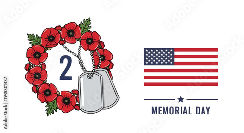 Commemorative illustration for Memorial Day featuring a vibrant poppy wreath with dog tags and a proud American flag