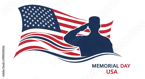 Saluting soldier against the backdrop of the waving American flag, commemorating Memorial Day in the USA