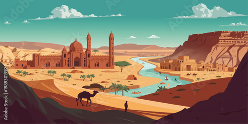 Wadi Rum Desert Landscape in Jordan with Sand Dunes Mountains and Rock Formations under Sky