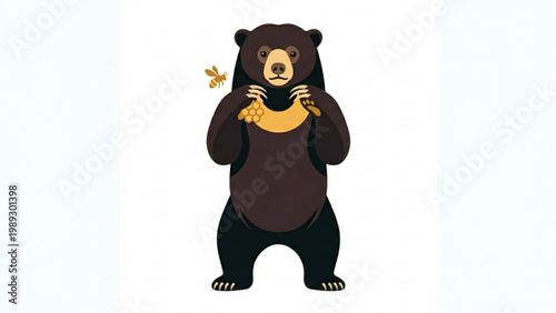 Sun bear illustration holding honeycomb with bee flying around