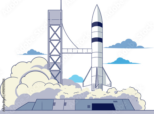 A rocket ship launches into the sky from a launchpad with a tower.