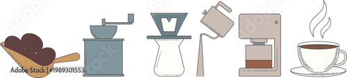 A wooden scoop holds coffee beans next to a grinder, pour-over, French press, coffee maker, and steaming cup on a table indoors.