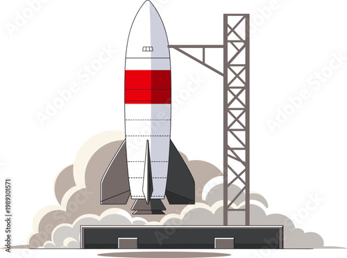 A rocket ship launches into the sky from a launchpad with a tower.