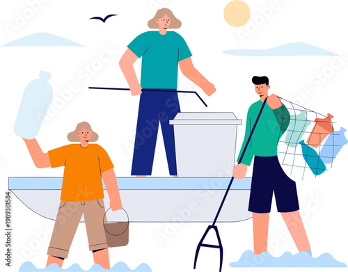 People on a boat collecting trash from the ocean with a bucket and bags