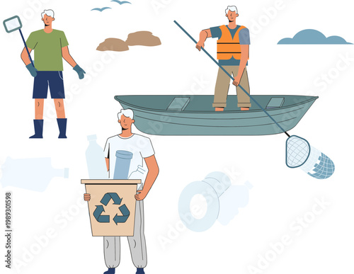 Men cleaning ocean pollution in a boat and on shore with recycling