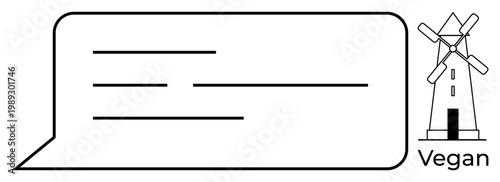 Dietary choices, plant-based eating, sustainability, eco-friendly living, food labels, vegan lifestyle. Speech bubble with horizontal text lines and windmill icon labeled vegan. Plant-based eating