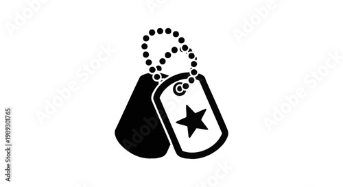 Monochrome vector icon depicting classic military identification dog tags on a beaded chain, featuring a star detail, symbolizing service, remembrance, and the armed forces