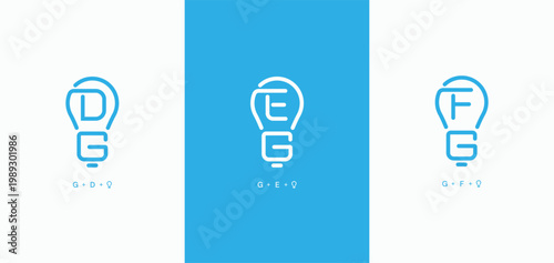 Set of initials letter DG, EG, and FG simple abstract lines lightbulb shape logo design. DG monogram light symbol. Initial EG technology icon. FG modern logotype