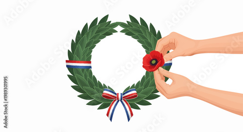A wreath of greenery adorned with red, white, and blue ribbons, with hands placing a red poppy, symbolizing remembrance and honor