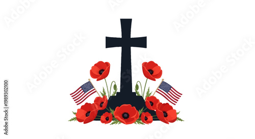 A solemn and patriotic tribute featuring a silhouette cross, vibrant red poppy flowers, and American flags, symbolizing remembrance, honor, and sacrifice for fallen heroes