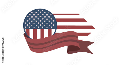 Patriotic American Flag Design with Waving Banner and Circular Emblem Symbolizing Freedom and National Pride