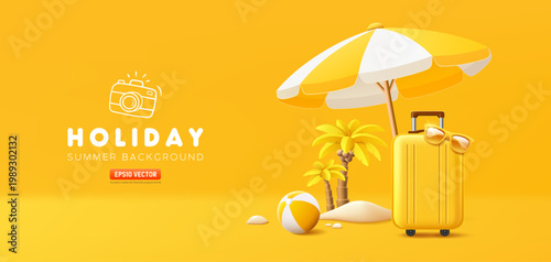 Summer holiday travel, yellow suitcase, beach umbrella, coconut tree and pile of sand, banner design, on yellow background