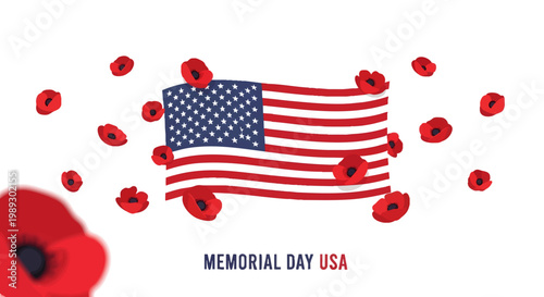 USA Memorial Day tribute with American flag and blooming poppies, honoring fallen heroes