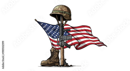 Symbolic Memorial Display of Fallen Soldier's Gear with American Flag and Rifle