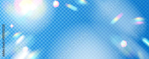 Crystal light leak vector overlay. Transparent blurry unfocused prism reflection. Soft colorful filter for photo, background, artwork. Summer sunny day with sun rays, sparkles photo filter. 
