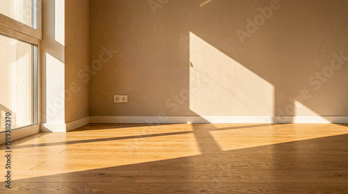 Φωτογραφία Warm sunbeams streaming through a window onto a light wooden parquet floor with abstract shadows inside a modern home