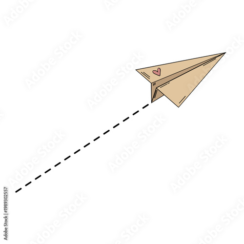 Simple paper airplane flying with dashed trajectory
