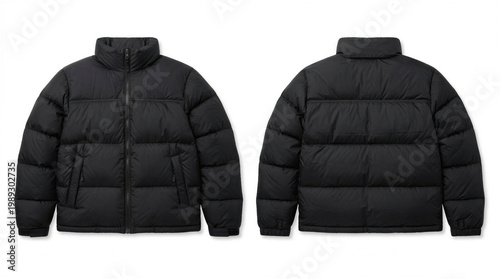 Foto A black puffy jacket Mockup is shown from the front and back on a white backgrou