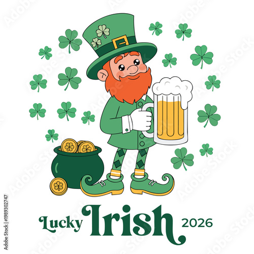 Lucky irish leprechaun holding a beer mug on st. patrick's day 2026 with pot of gold red hair lucky charm good fortune holiday art irish culture fantasy character design