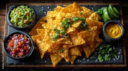 Nachos with guacamole, salsa, and cheese sauce on a wooden serving board