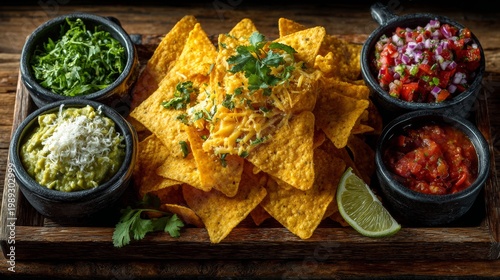 Nachos with cheese, guacamole, salsa, and fresh toppings on wooden platter