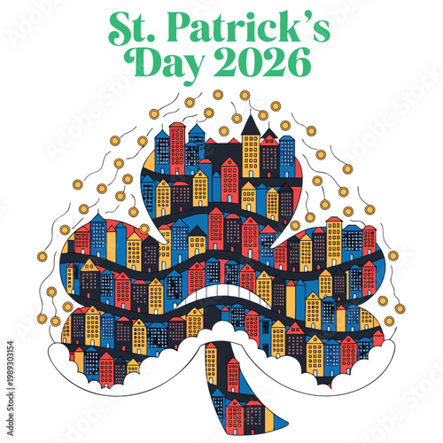 St. patrick's day 2026 celebration clover filled with colorful city buildings and lights st patricks day irish holiday good luck holiday spirit vector graphic design shamrock