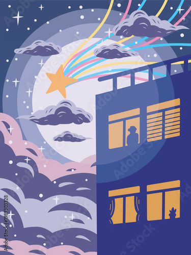 Night city landscape with clouds, stars ,moon and building illustration.