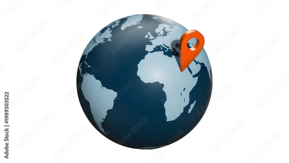 Obraz premium Orange location pin marking a spot on a dark blue globe, isolated on transparent background