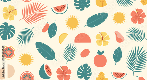 A vibrant and playful design featuring citrus fruits and geometric shapes creates a cheerful, optimistic mood, perfect for marketing materials or webs