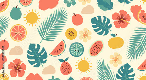 A vibrant and joyful abstract design evokes a sense of summer relaxation, perfect for travel marketing, website backgrounds, or social media posts.