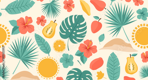A cheerful and vibrant tropical illustration evoking warmth, relaxation, and a sense of escape – perfect for summer marketing or website design.