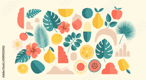 A cheerful and vibrant tropical design with fruit and flowers evokes a feeling of freshness, perfect for summer marketing materials and website backgr