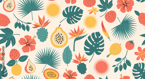 A vibrant and cheerful tropical floral pattern evokes feelings of warmth and growth, perfect for marketing materials, website backgrounds, or social m