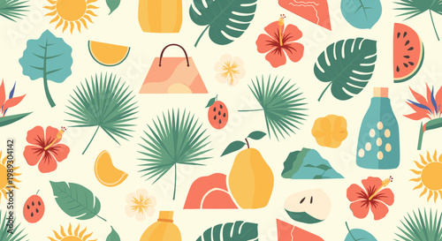 Vibrant tropical elements evoke a joyful and sunny mood. Perfect for website design, social media graphics, and marketing materials conveying warmth a