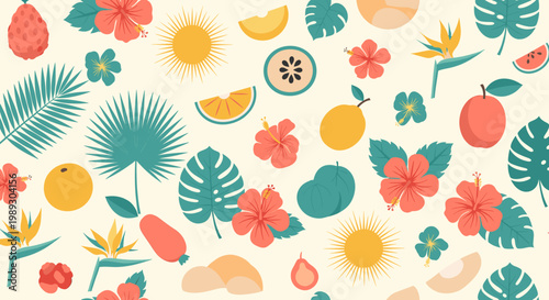 A cheerful and vibrant pattern featuring tropical flowers and a sun, evoking feelings of warmth, joy, and a carefree summer vibe – perfect for lifesty