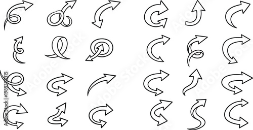 Curved and Circular Outline Arrow Icon Set with Spiral, Refresh, and Rotation Symbols for Navigation and UI Graphic Design Collection